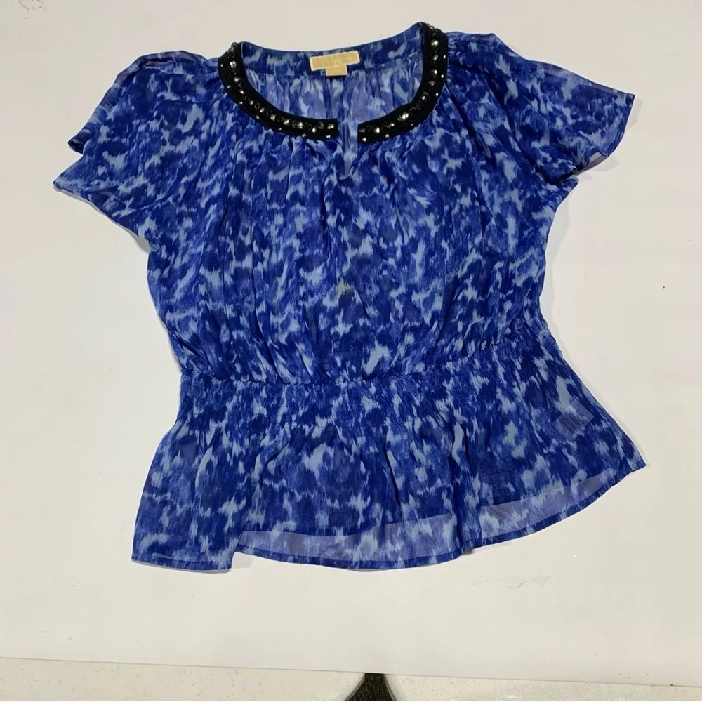Michael Kors Blue Tie-Dye Blouse with Jems Vneck Collar 2328‎ M